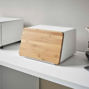 Steel & Wood Bread Box With Cutting Board Lid - Yamazaki Home-Bread Box-Yamazaki Home-White-SANTOKU NYC